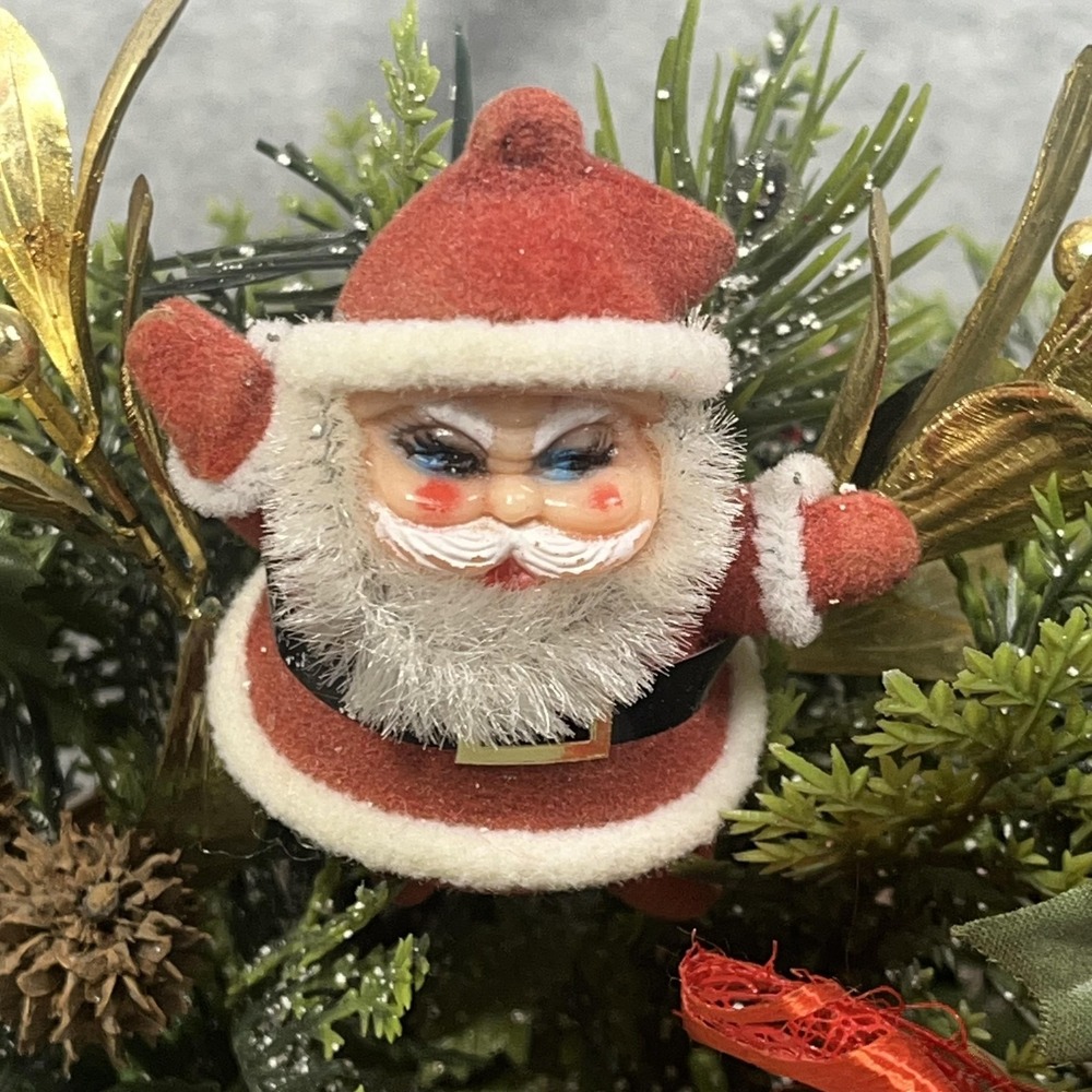 VTG Flocked Santa Floral Pick Christmas Arrangement Basket Holly Berrie Pinecone